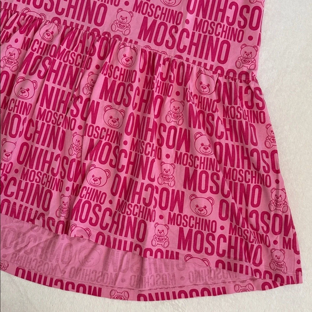Moschino Teen | 2020 Teddy Bear Allover Logo Drop Waist High Low Dress Pink 14 - Picture 5 of 15